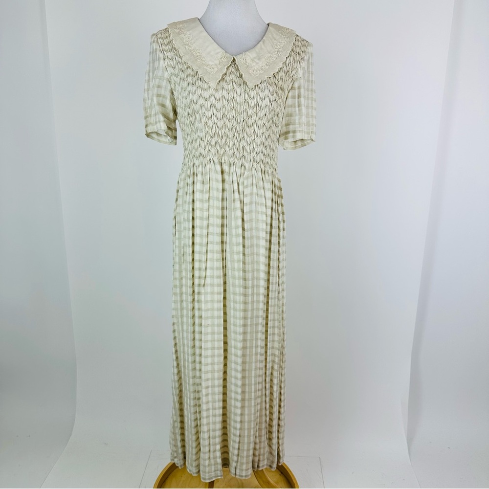 karin stevens Cream Plaid Smocked Maxi Dress